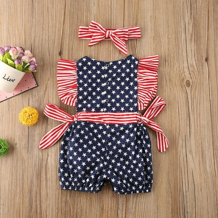 Baby Girls 4th of July Outfits Ruffled Lace Romper American Flag Striped Bodysuit Jumpsuit with Headband Set